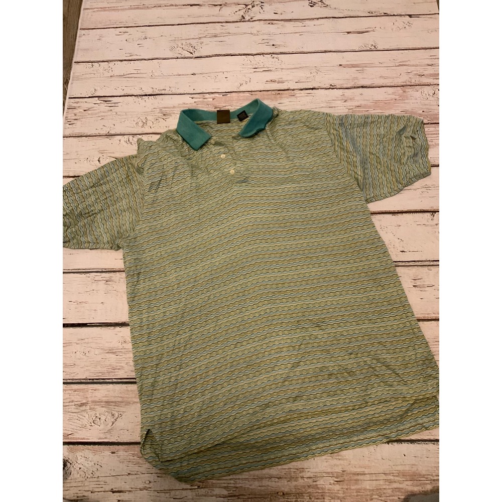 T Harris London Mens XXL Polo Shirt Green Yellow Blue Wavy Stripe 100% Cotton